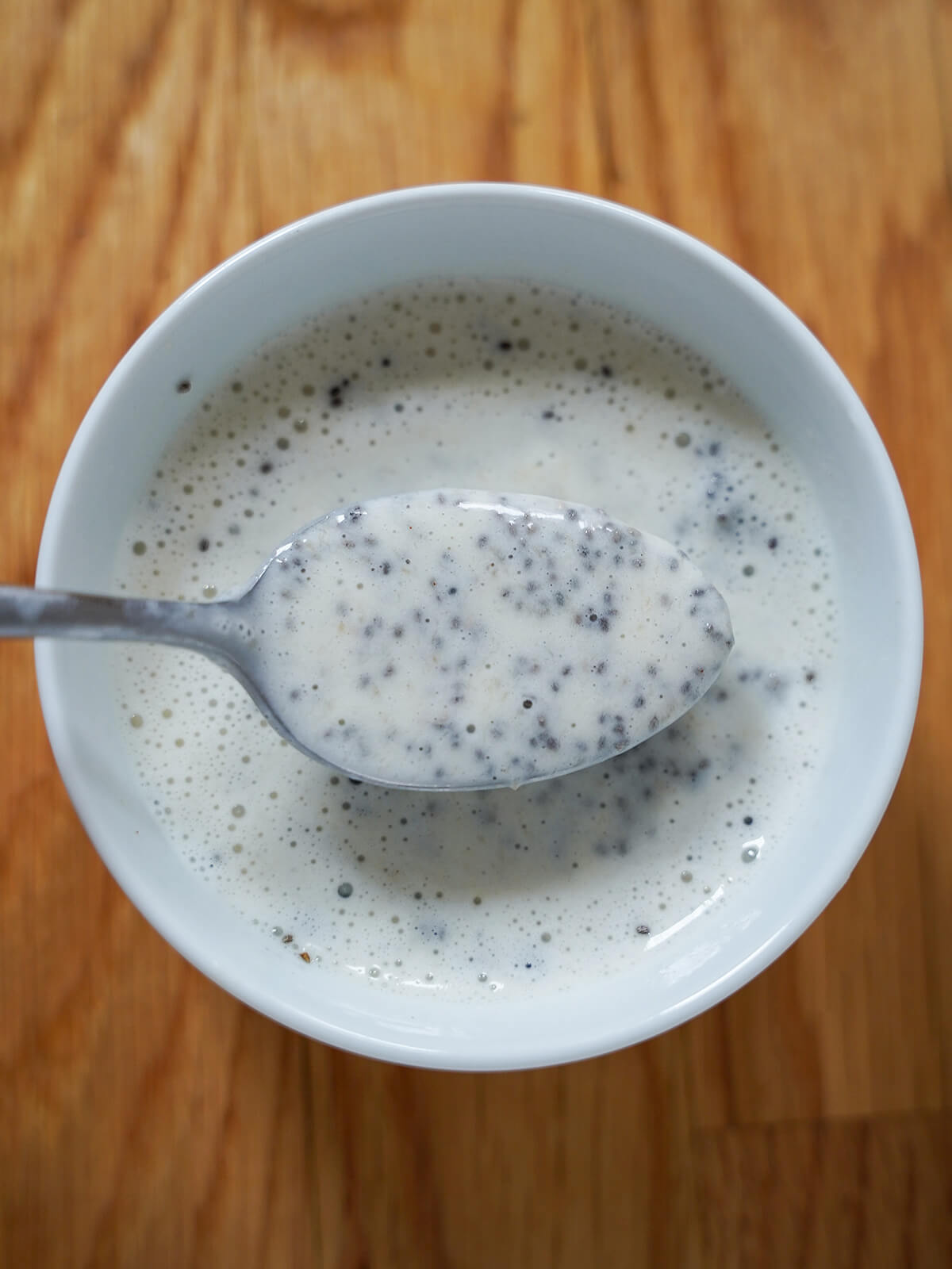 liquidy banana chia pudding when first mixed before seeds have swollen.