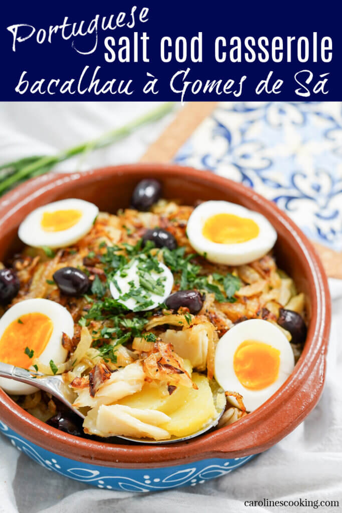 Bacalhau à Gomes de Sá is a traditional Portuguese dish combining salt cod, potatoes, onions and olives. It's relatively simple yet comforting, hearty and delicious.