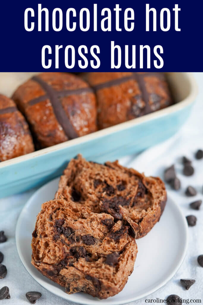 These chocolate hot cross buns are a delicious twist on the classic - they're wonderfully soft, gently sweet with chocolate studded through them. A tasty treat.