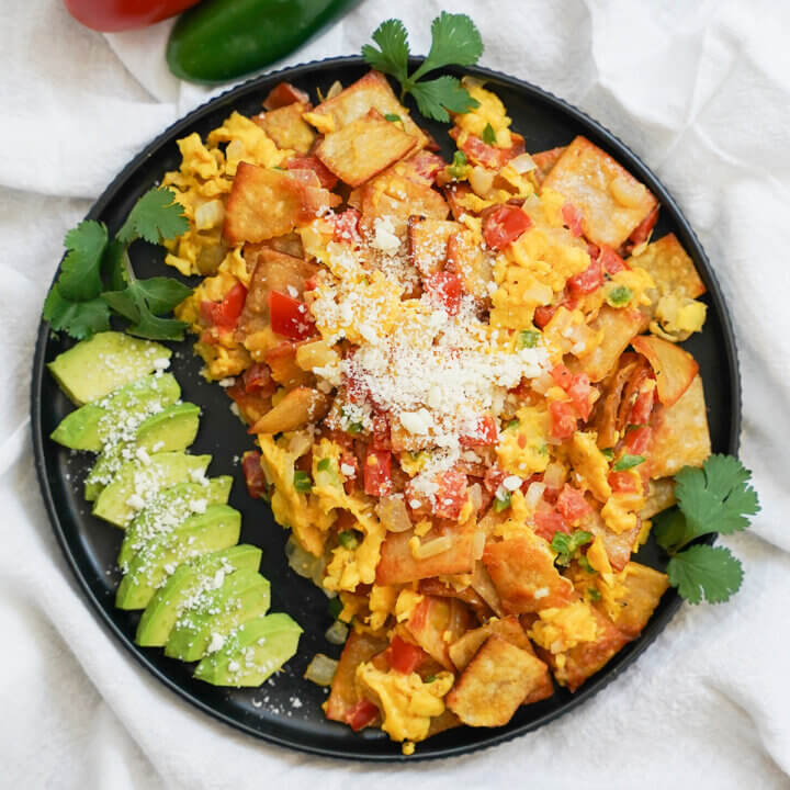 overhead view of plate of Mexican migas.