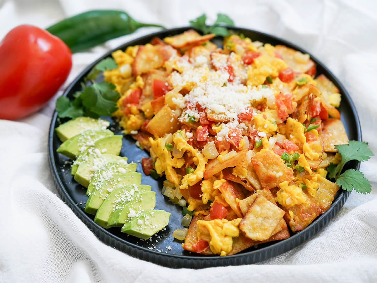 view of plate of Mexican migas from side.