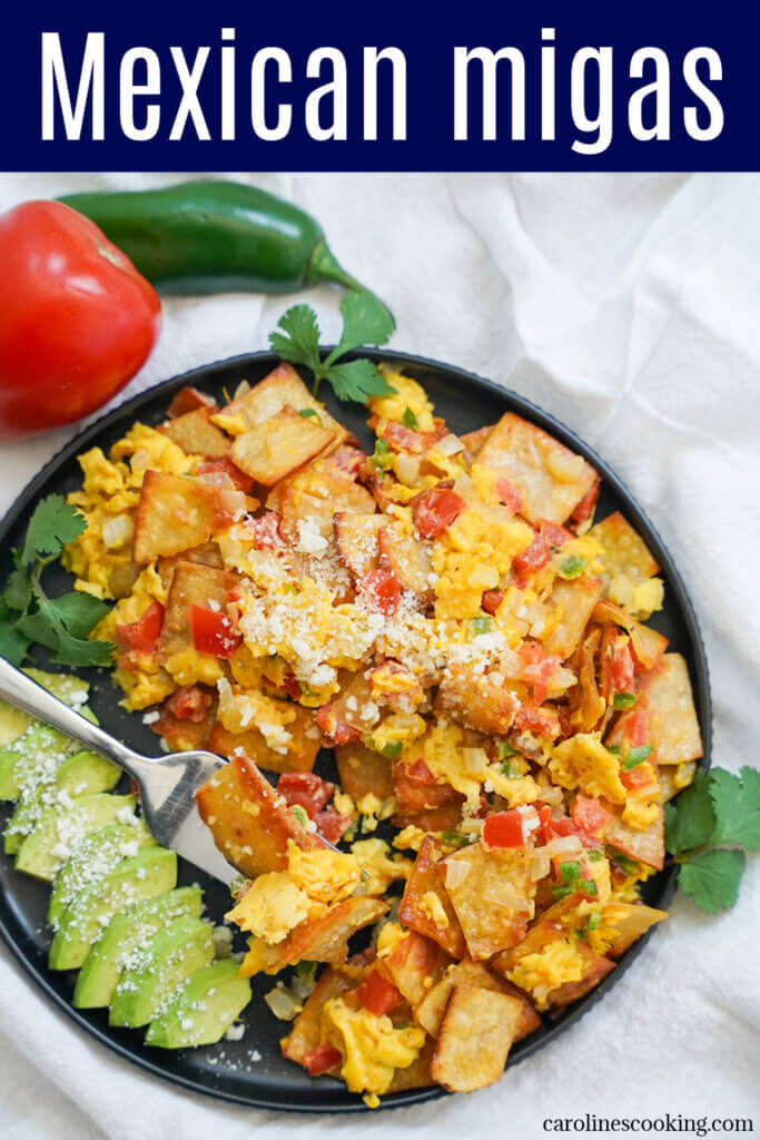 Mexican migas is an easy, tasty breakfast combining eggs, crisp tortillas with little chunks of vegetable for flavor. A great way to use up leftover tortillas and scales up or down easily too.