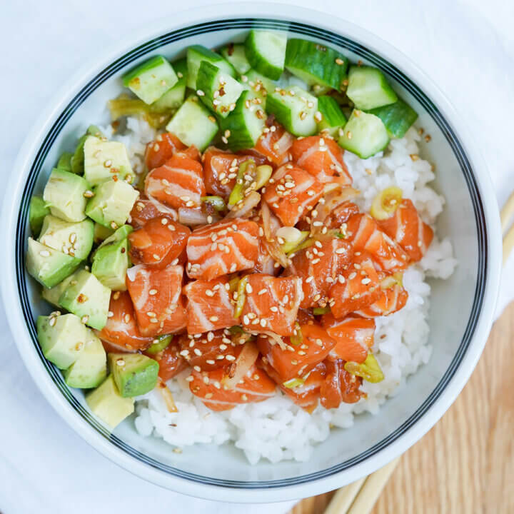 overhead view of salmon poke bowl