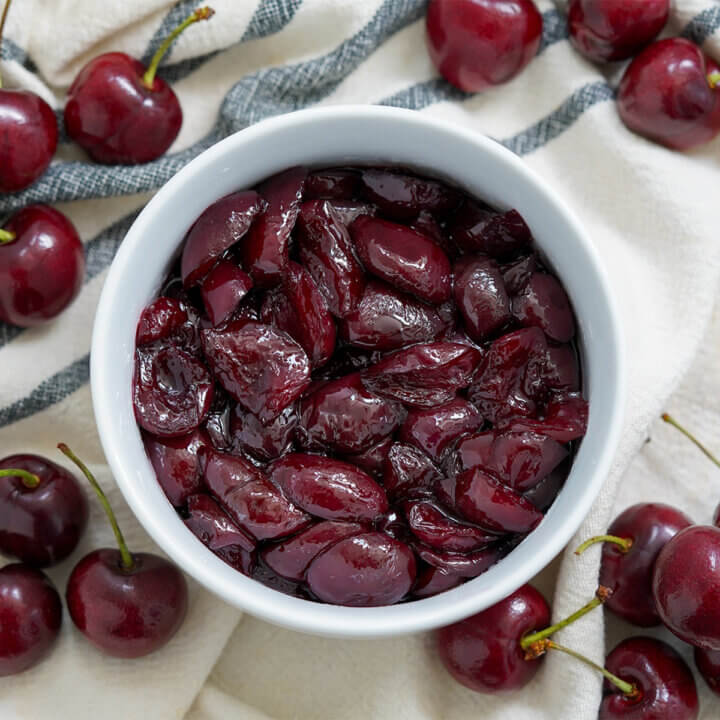 bowl of cherry compote form overhead.