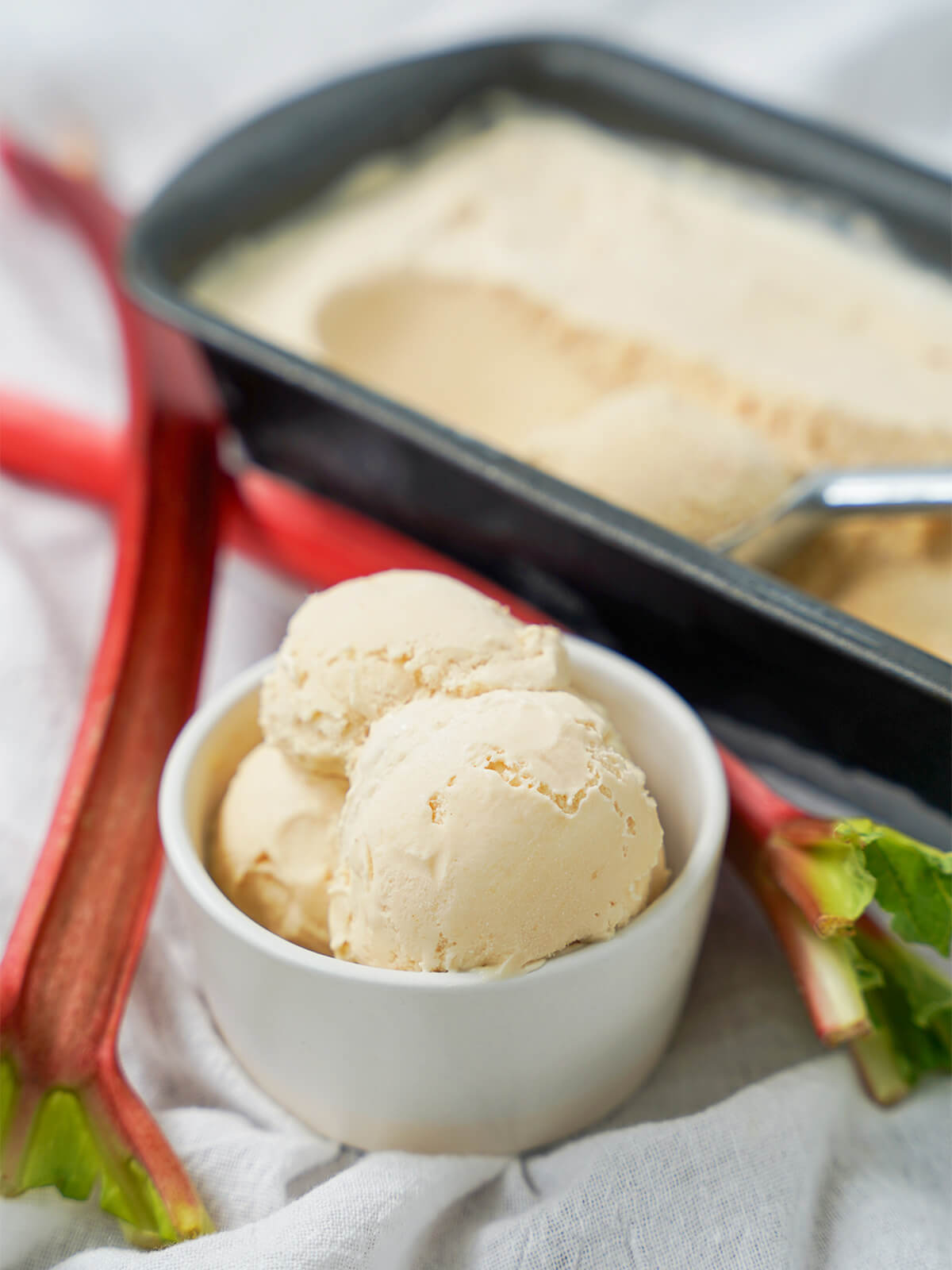 bowl of rhubarb ice cream with stems either side and container of more in background behind.