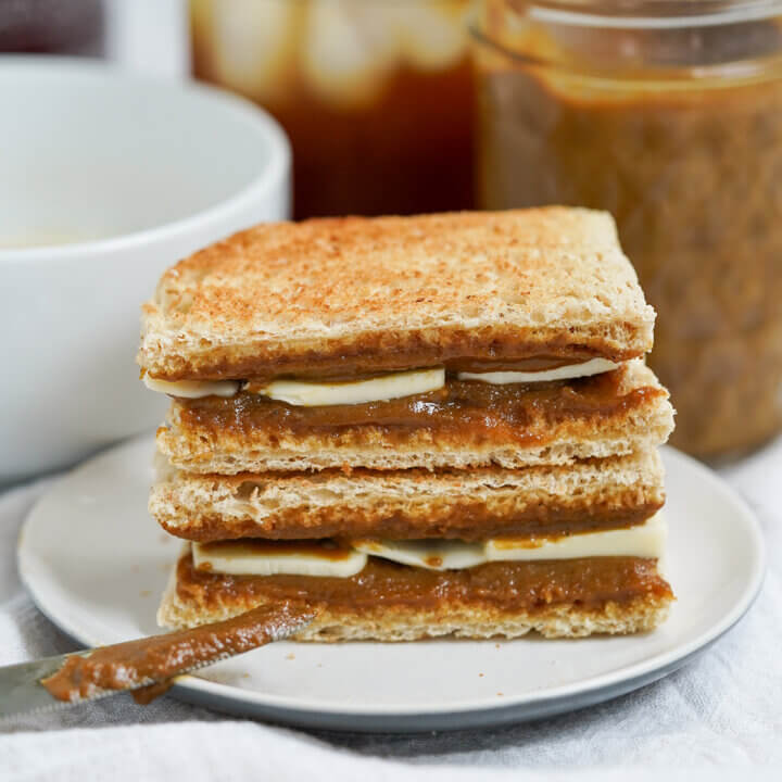 close up of stack of kaya toast.