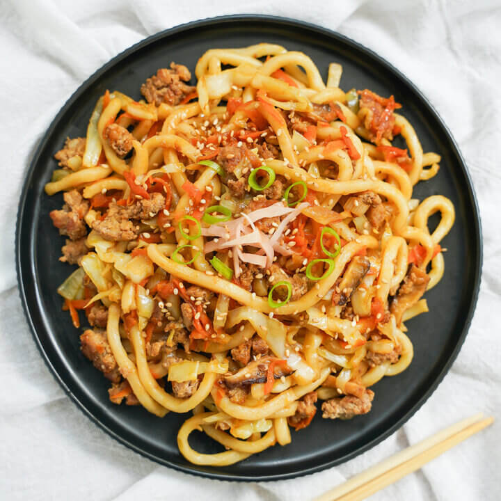 plate of yaki udon from overhead.