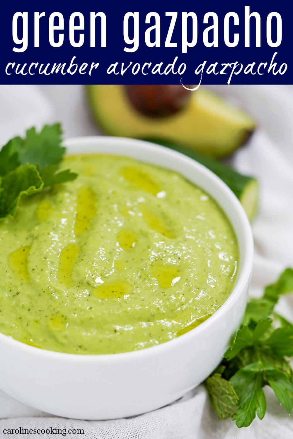 This green gazpacho, made with cucumber and avocado, is so easy to make with a surprising depth of flavor. It's refreshing, bright and perfect for warm days.