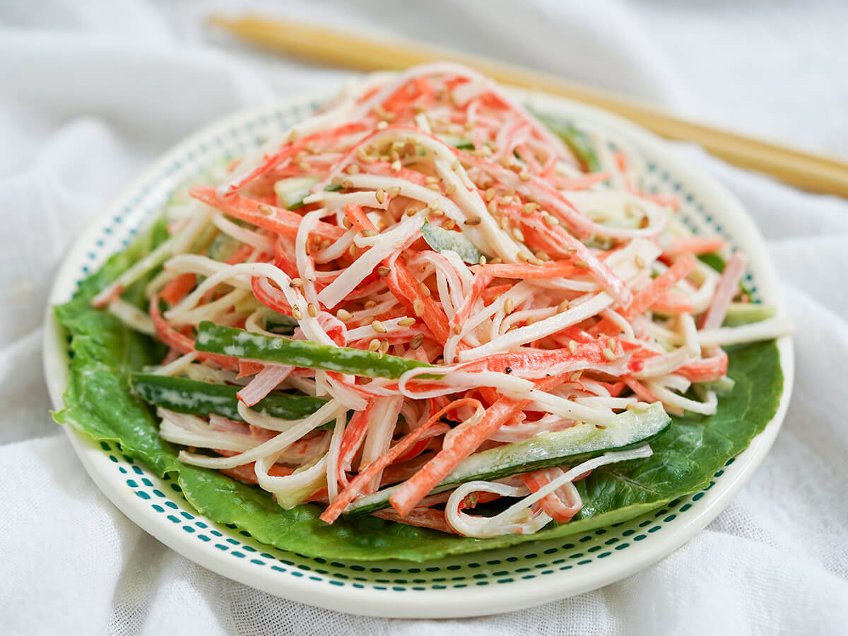 side view of plate of kani salad.