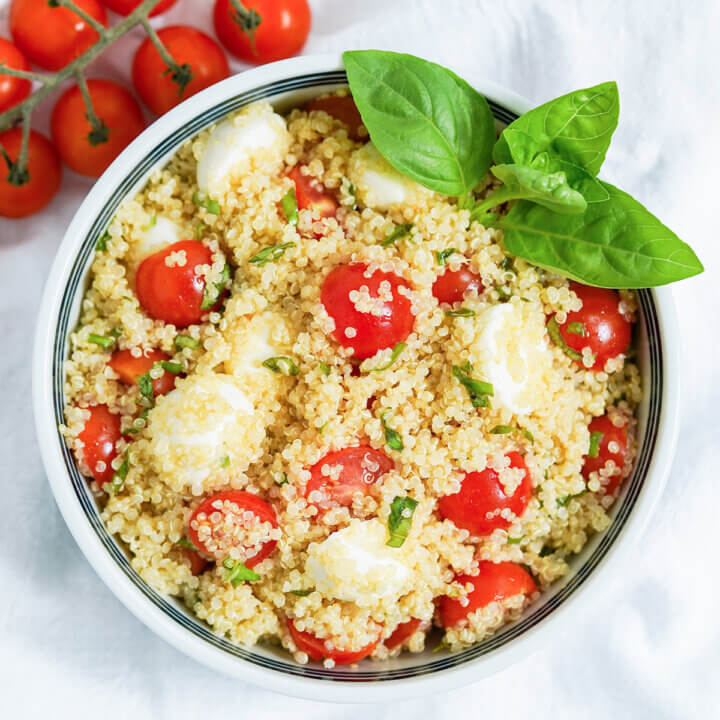 bowl of caprese quinoa salad from overhead.