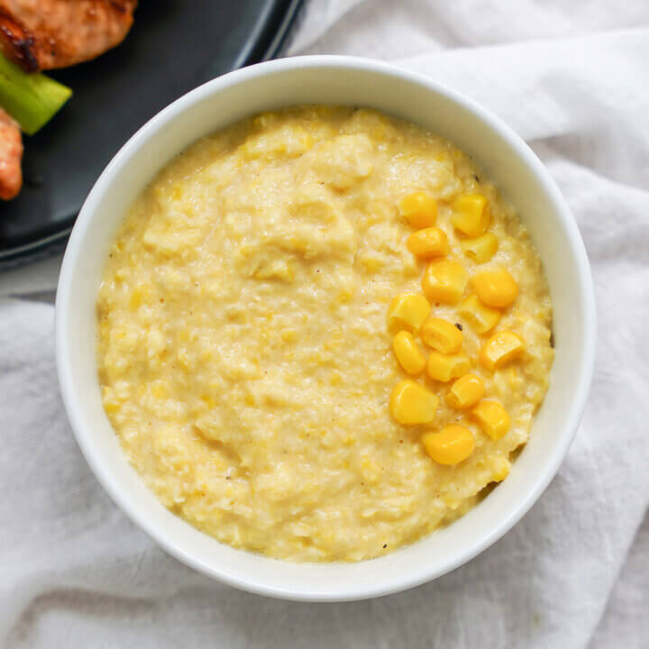 overhead view of a bowl of corn puree.
