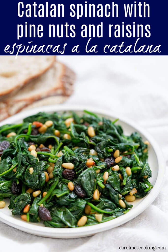 This Catalan spinach with pine nuts and raisins is wonderfully quick and easy to prepare, yet has a lovely mix of textures and flavors. Great as a tapas, side or on bread.