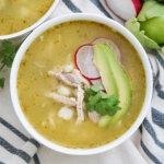 bowl of pozole verde from overhead.