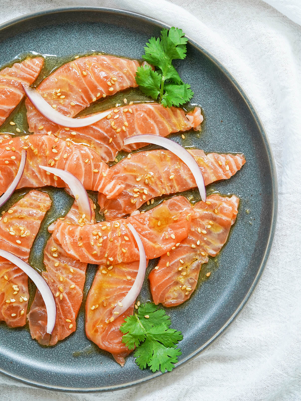 overhead partial view of plate of salmon crudo.