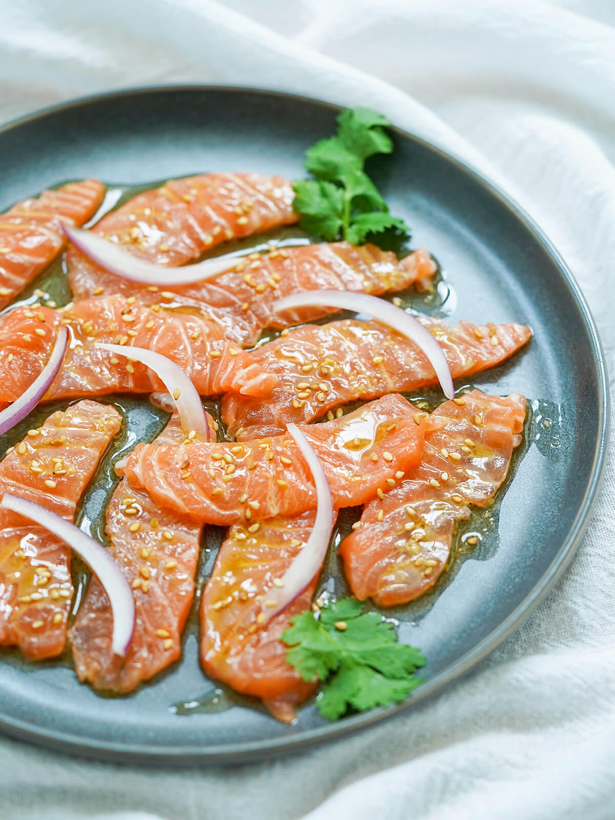 side view of plate of salmon crudo.