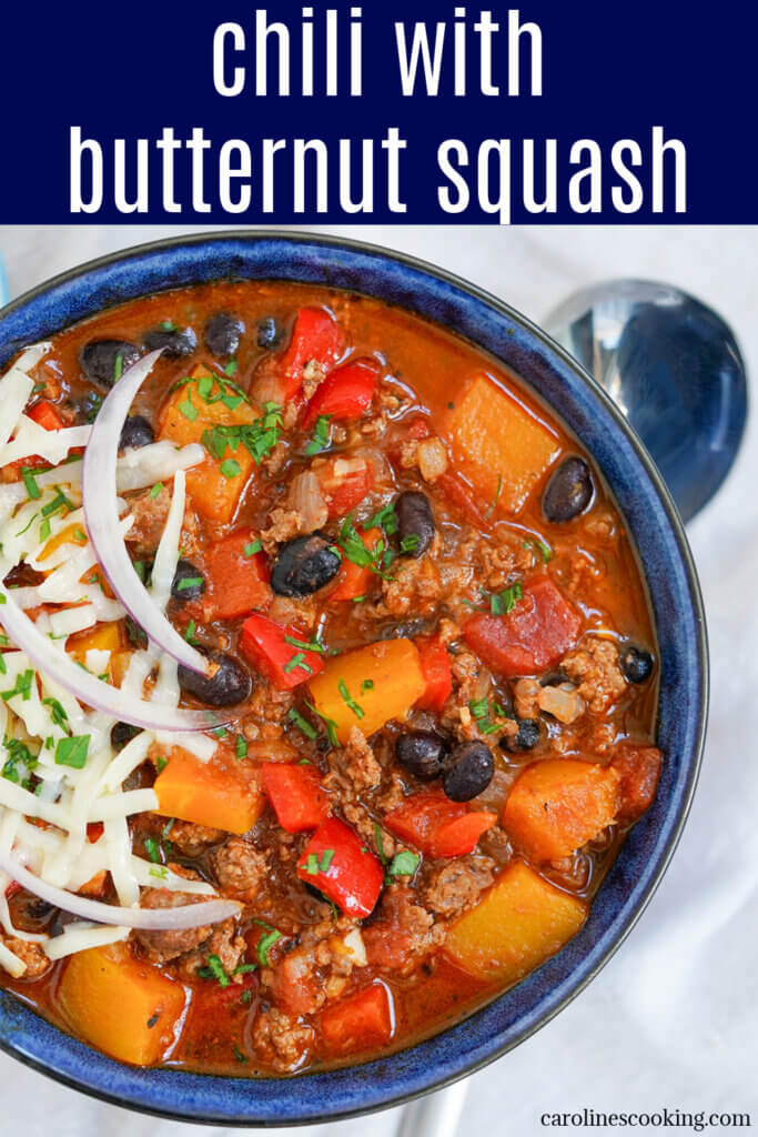 This chili with butternut squash combines is easy to make, cozy and comforting yet a little lighter with chunks of tender squash added in the mix. A tasty meal perfect any time, and great to making ahead.