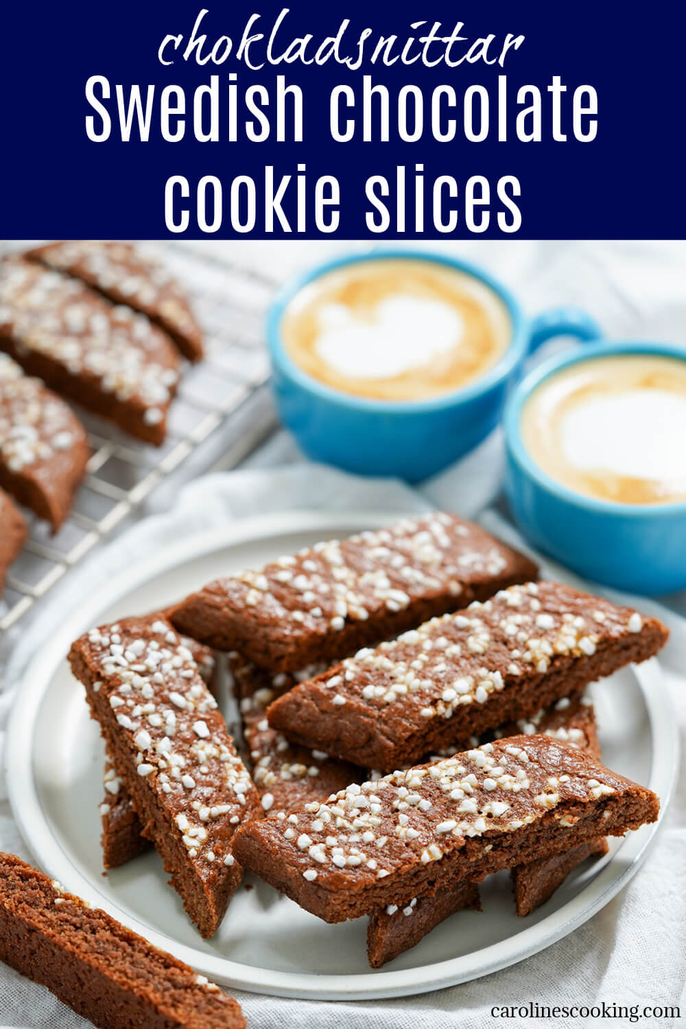 These Swedish chocolate cookie slices, chokladsnittar, are easy to make with no chilling required. A tasty mix of chocolate flavor, crisp outside and chewy middle, with a little crunch from the sugar on top. Perfect to add to a festive cookie plate or to bake any excuse. 