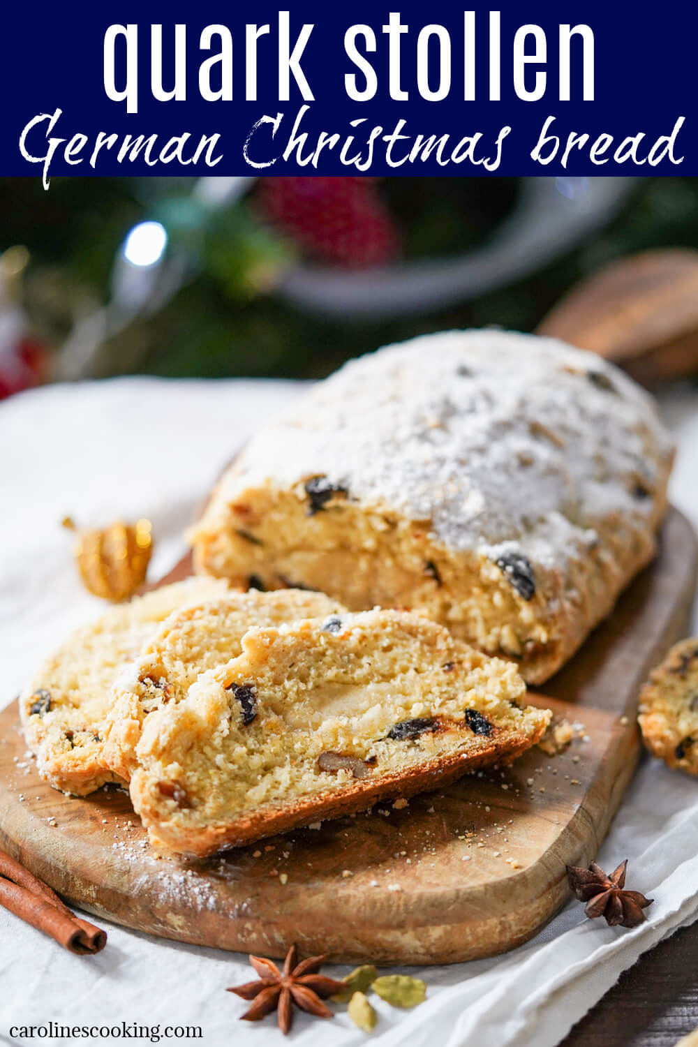 Stollen is a traditional German Christmas bread/cake and quark stollen is a quicker (no yeast), easier version, here with prunes, lemon zest & cardamom. Wonderfully aromatic, moist & delicious.