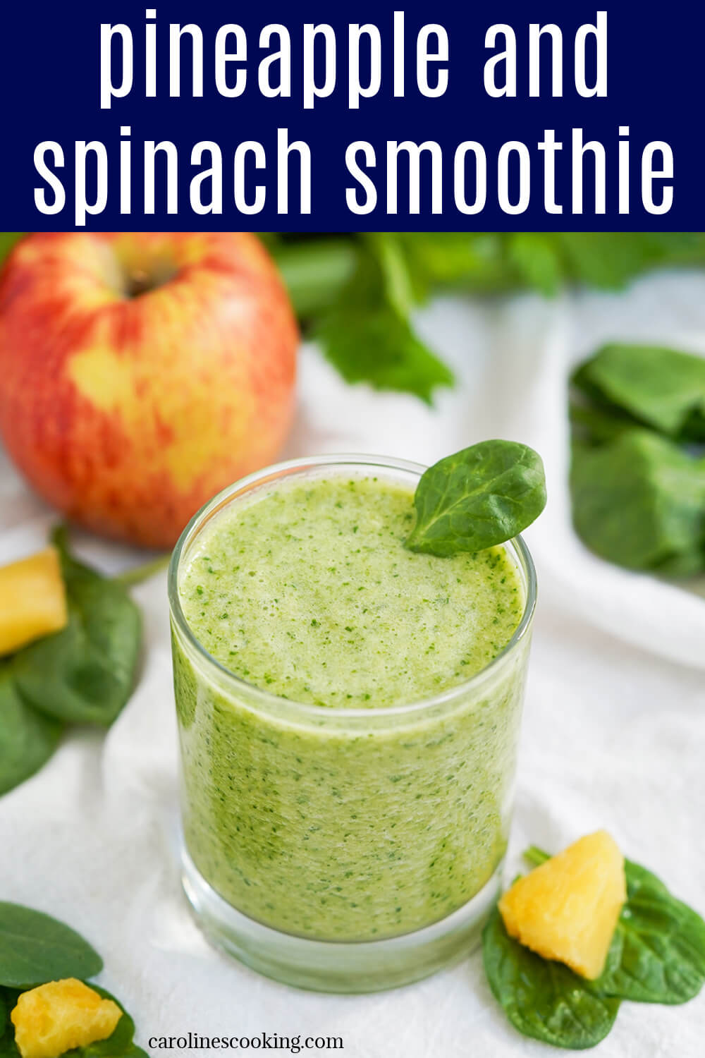 This pineapple and spinach smoothie is incredibly easy and tasty with just a few simple ingredients. No banana or dairy, just plenty of natural sweet-tart flavor and goodness. A great pick-me-up.