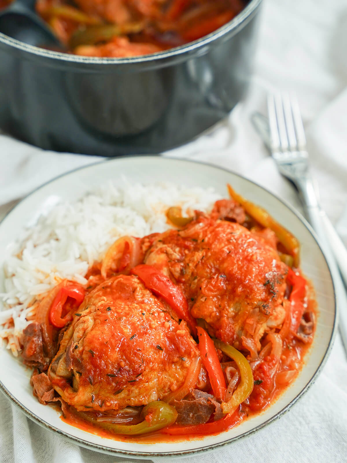 plate of Basque chicken over rice with fork to side and pot behind.