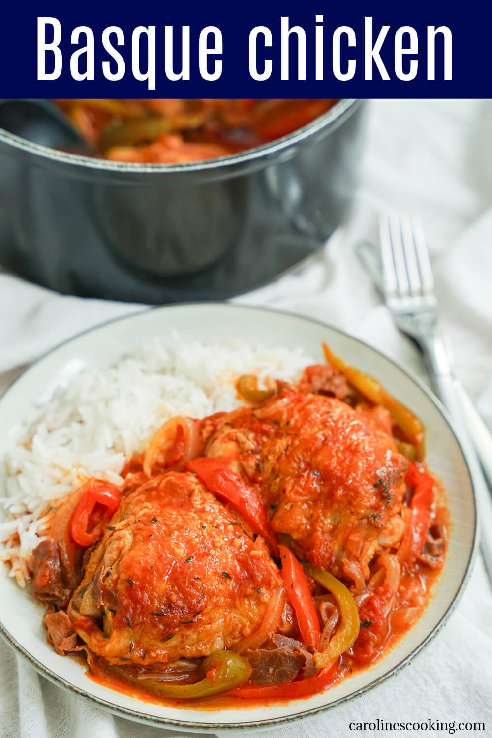 Basque chicken is a relatively simple chicken and pepper stew, yet it's full of wonderfully bright flavors, just like it's color. Easy, comforting and delicious.