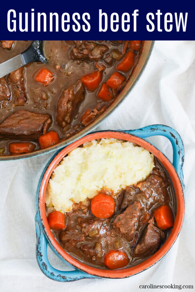 This Guinness beef stew is hearty, comforting and easy to make. The stout gives a wonderful rich flavor & tenderizes the beef. Perfect on a cold day, or any excuse.