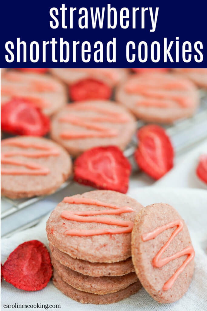 These strawberry shortbread cookies are easy to make, with a lovely soft texture, delicate strawberry flavor and pale pink color. They're a tasty twist on the classic, great for Valentine's day and more.