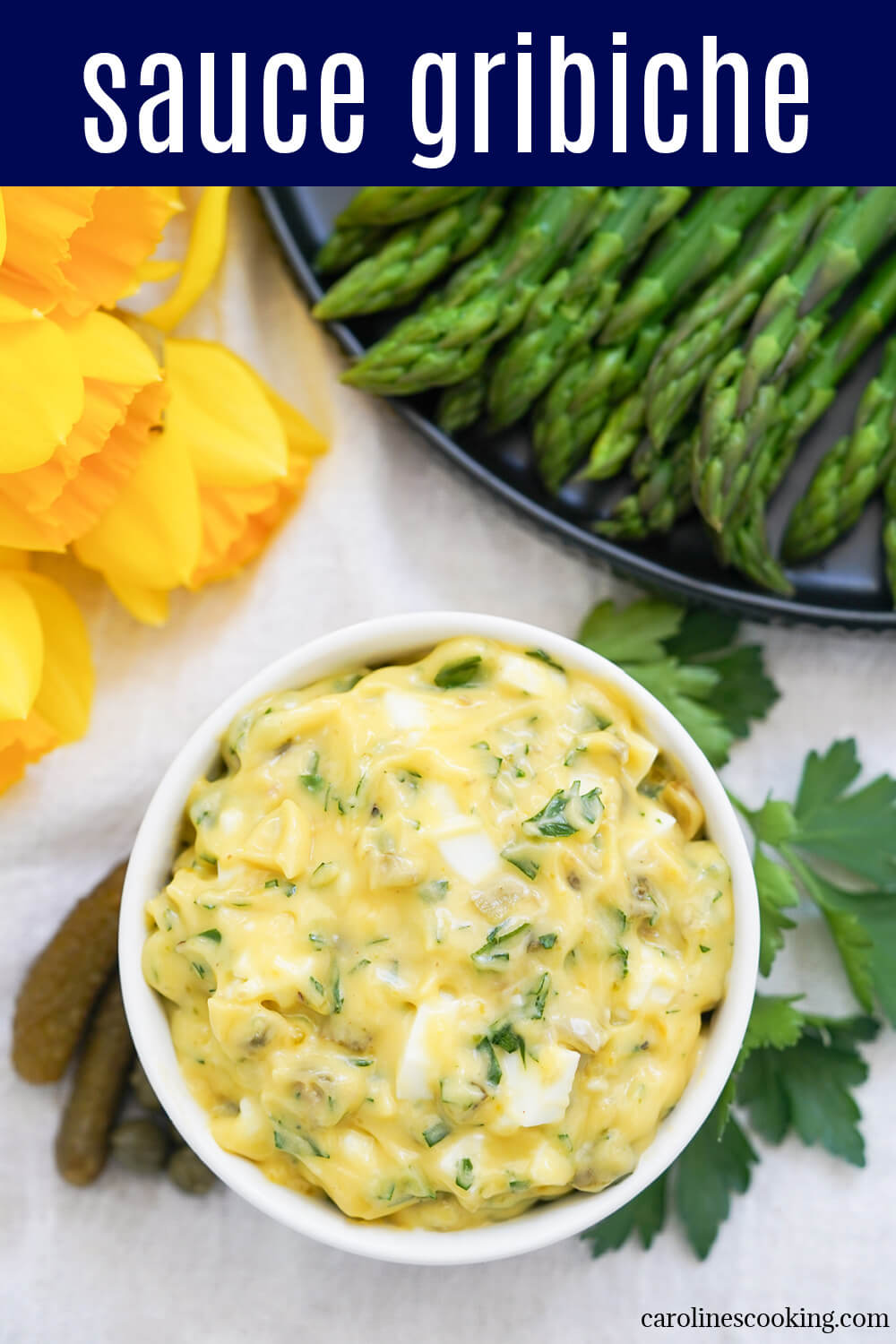 Sauce gribiche is a punchy egg-based sauce, with some similarities to tartar sauce but a little chunkier and richer. It's flavorful, bright and tasty. Great with asparagus, fish and more.