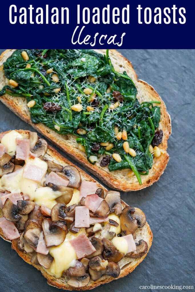 Llescas are Catalan loaded toasts that can have a whole range of toppings, from cheese to meat to vegetables. Try 2 classics: spinach, pine nuts & raisins, and ham, mushroom & cheese.