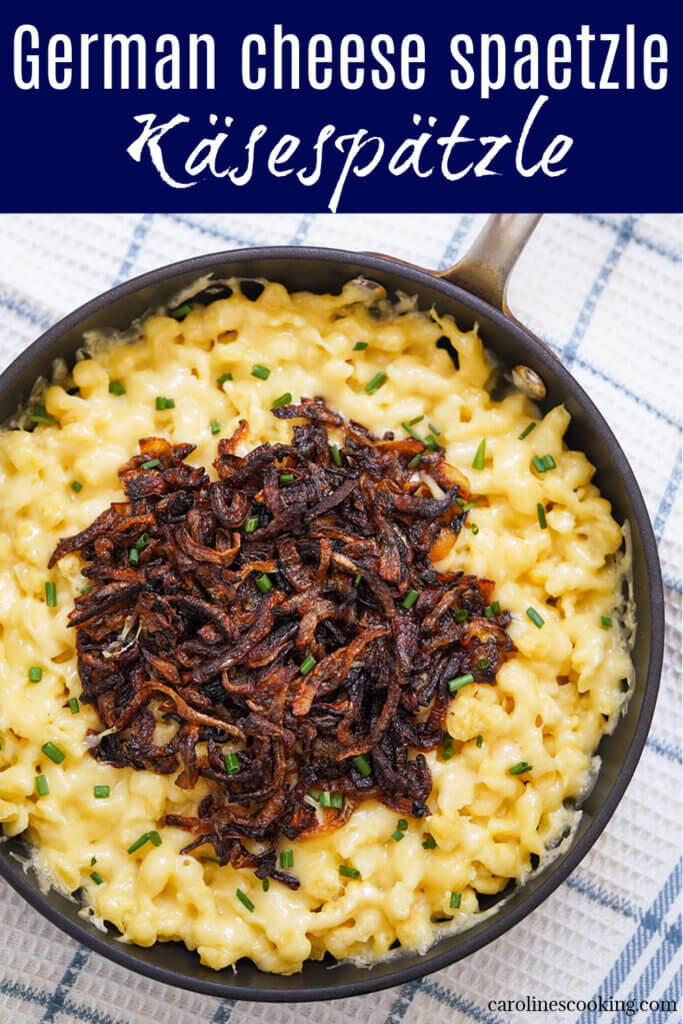 Käsespätzle, cheese spaetzle, is a fantastically easy and comforting dish made with German egg noodles, cheese and onions. It's hearty, tasty and perfect on a cold day.