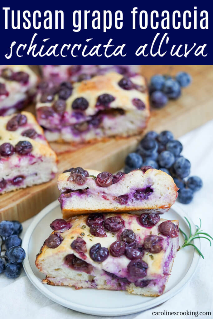 Schiacciata all’uva is a traditional Tuscan grape focaccia that's a delicious mix of soft, aromatic bread and jammy grapes. It's a lovely sweet-savory mix and perfect for snacking on.