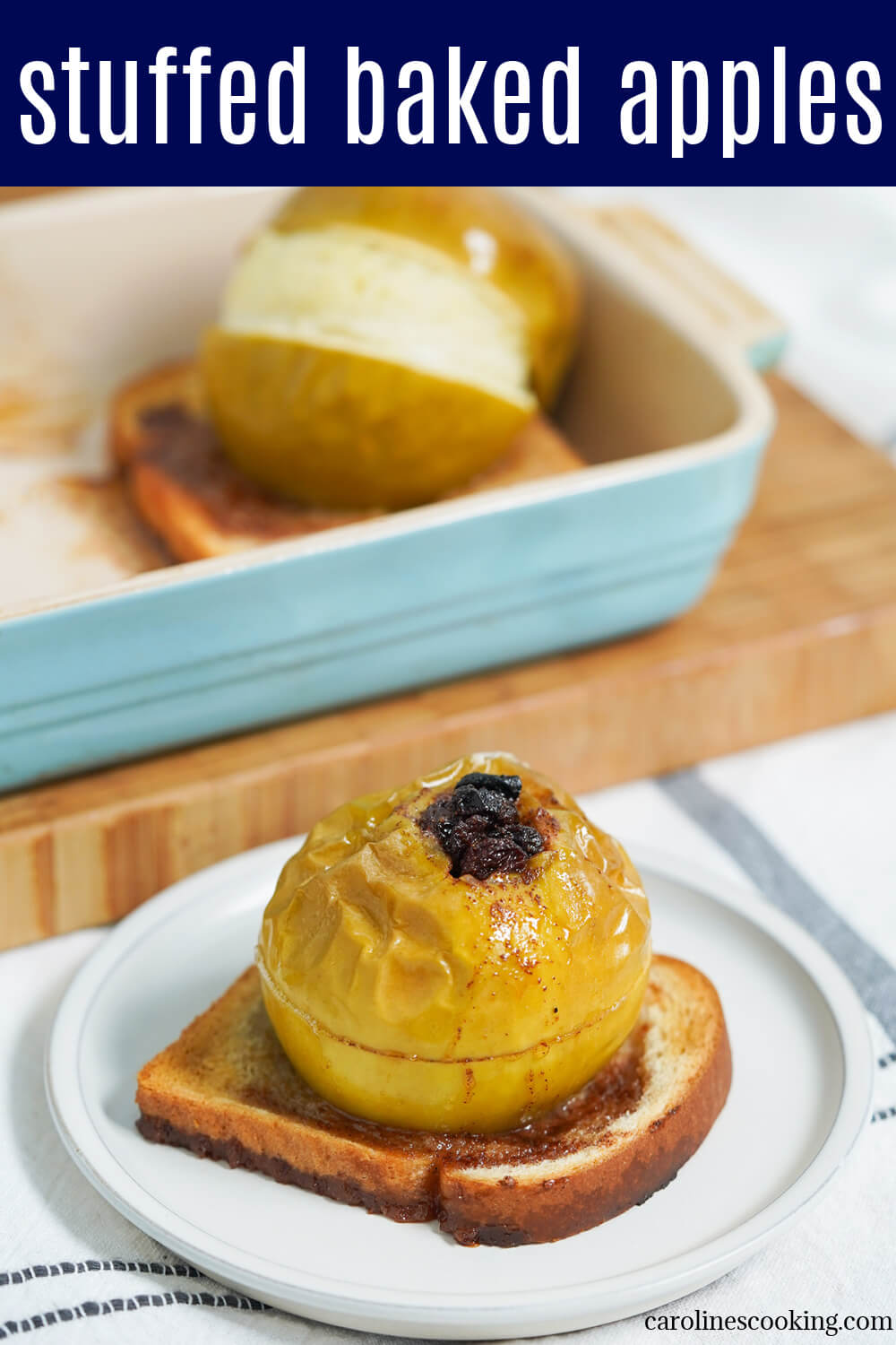 These stuffed baked apples are a really easy dessert, with a simple cinnamon raisin filling inside the tender apples. This version has a twist with bread underneath that becomes a mix of crisp and syrupy. Together so tasty and perfect to enjoy any excuse.